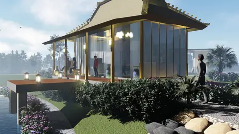 Gambar rancangan 3D taman dengan bangunan bergaya tradisional dan batu-batu di tepinya